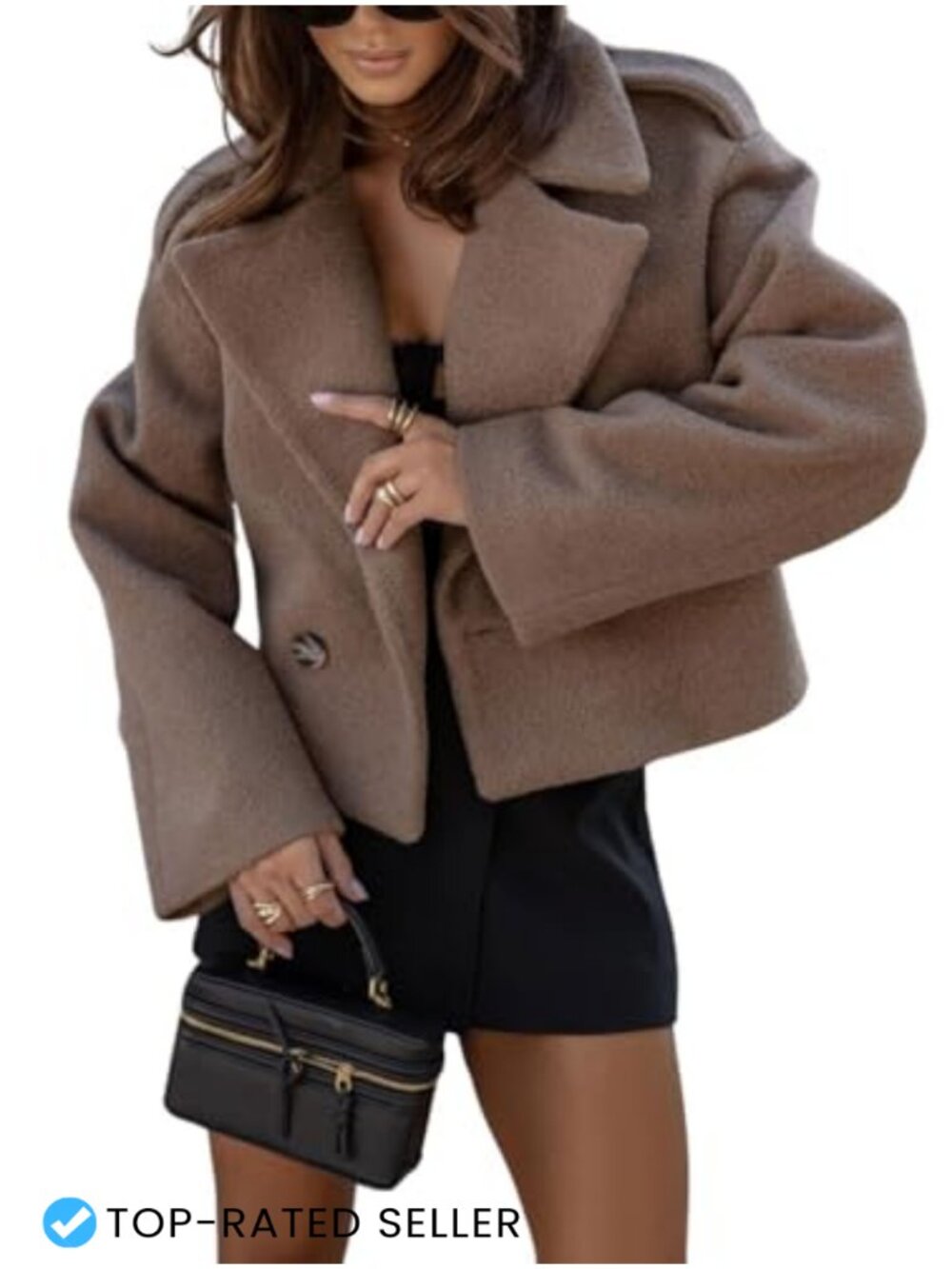 CHARTOU Women Crop Pea Coat Wool Blend Office Work Lapel Collar Winter Jacket